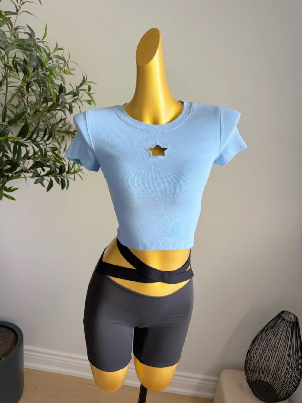 Light Blue Star Cutout Baby Tee Fitted Crop Top XS S Y2K